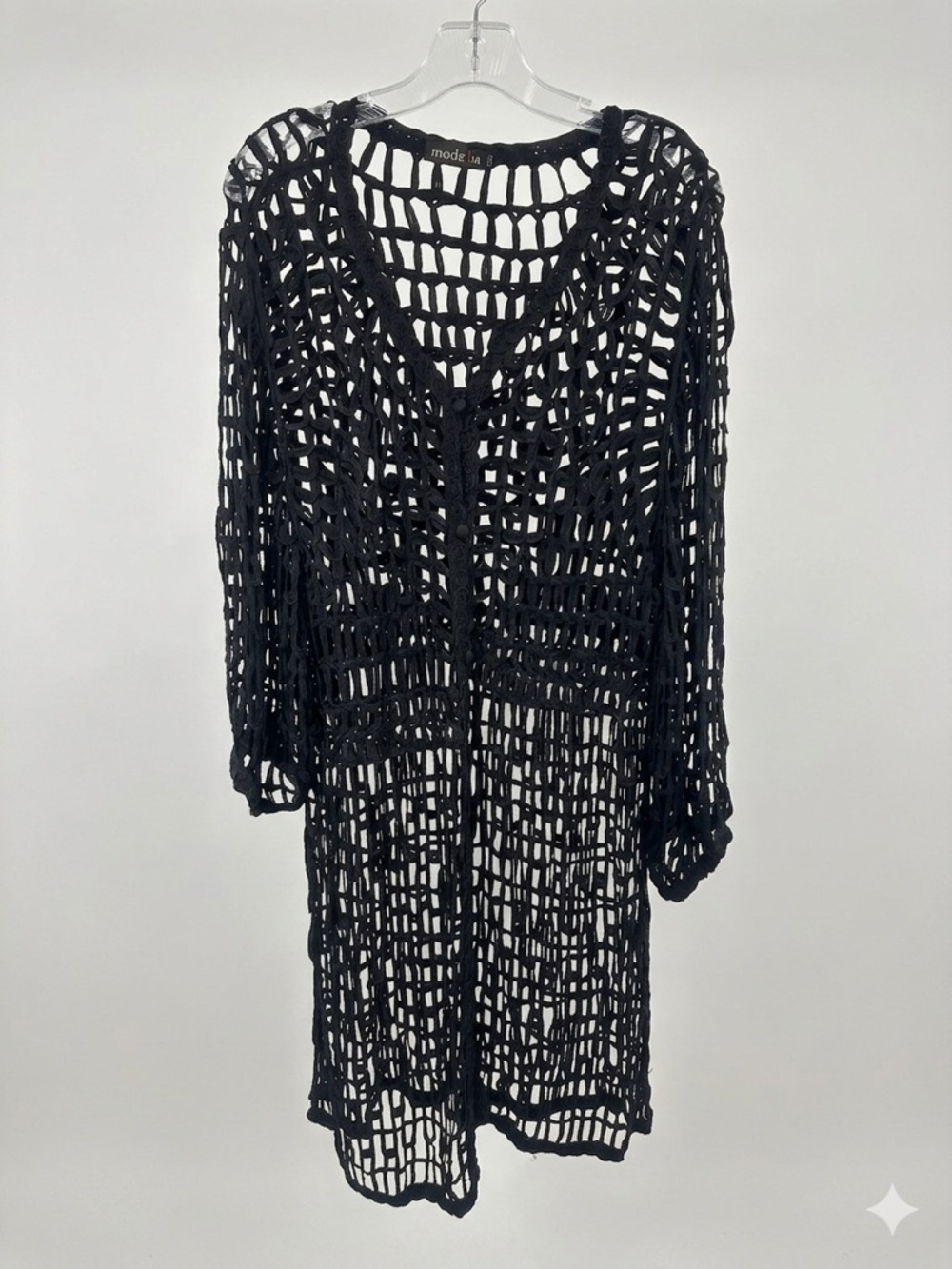 Mode Lia Black Soutache Ribbon Open Knit Longline Duster Cardigan XXXL EUC